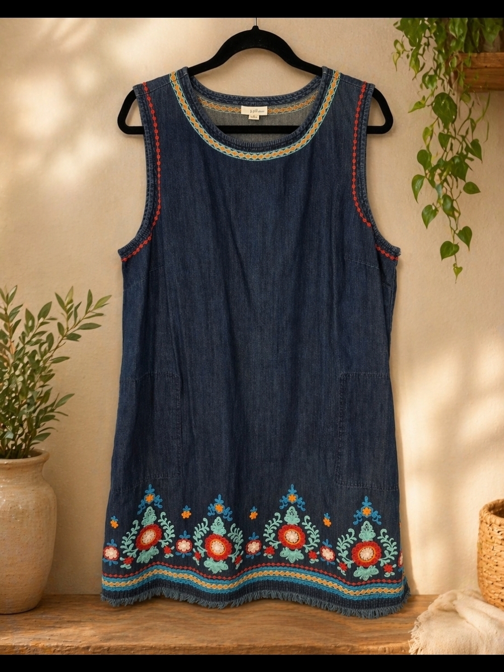 J. Jill Dark Blue Denim Sleeveless Embroidered Shift Dress